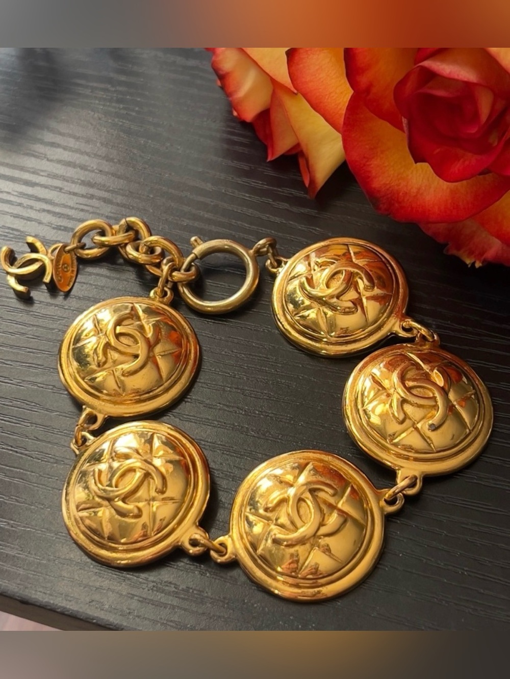 Vintage CHANEL Goldtone A13 Quilted Medallion Bracelet Karl Lagerfeld Era